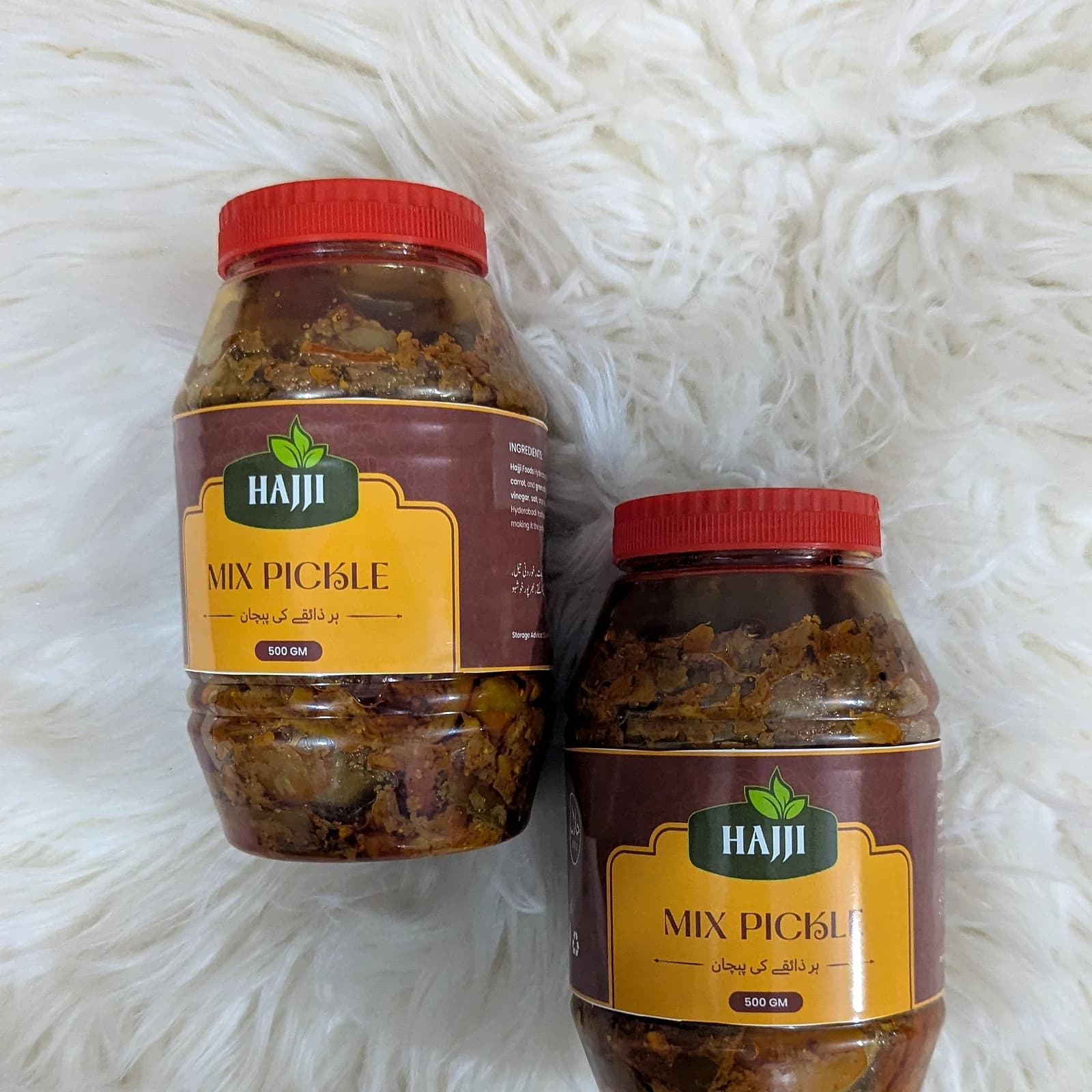 Hajji Foods Garlic Pickle and Mix Pickle jars